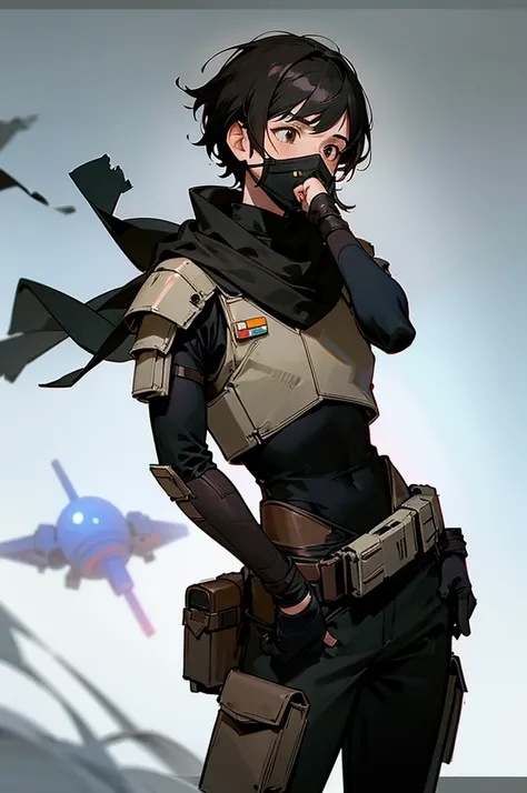 Male Adult bounty hunter, star wars style, 30 years old, short black hair, light black and brown armored clothes, brown eyes, black scarf covering mouth and nose, 2 holdered blasters on the hip