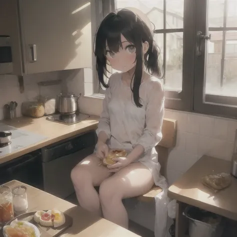 1 girl, ((naked)), (((visible pussy))), ((sitting having breakfast in the kitchen)), ((transparent seat))