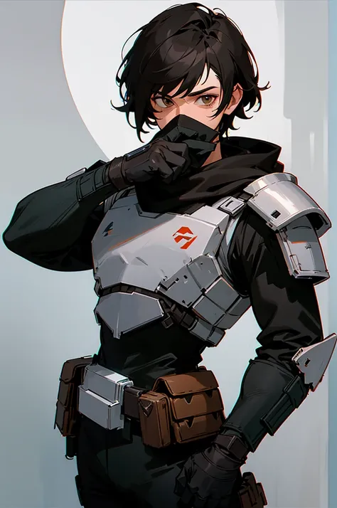 Male adult star wars bounty hunter, Short black hair, light black armored clothes, brown eyes, black scarf covering mouth and nose, 30 years old, 2 holdered blasters on the hip