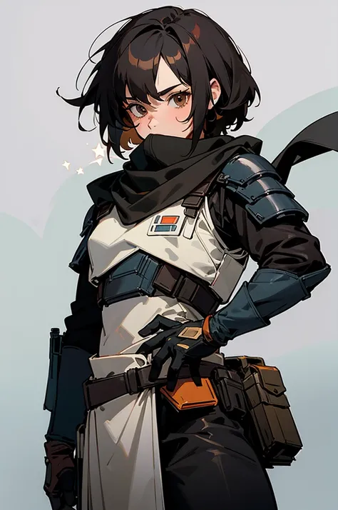 Male adult star wars bounty hunter, Short black hair, light black armored clothes, brown eyes, black scarf covering mouth and nose, 30 years old, 2 holdered blasters on the hip