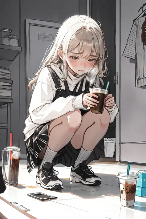 A girl crouching and crying in her room　iced coffee