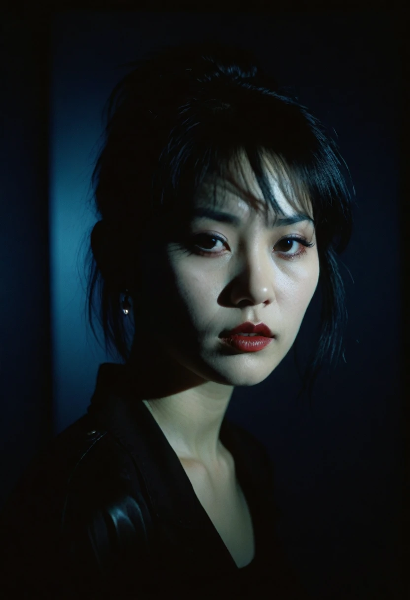 realistic, analog style, VHS style, 8mm film, Chromatic aberration, DVD screengrab, 80s movie, Cinematic lighting, Yumi tsu, Live portrait photography, Contemporary photography, Gothic style of dark intensity, Aesthetics of the photo, Light Black, Chinese ...