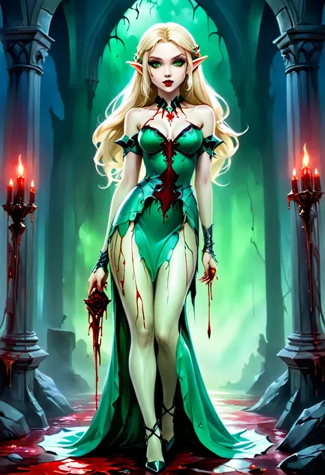 Dark fantasy art, fantasy art, goth art, a picture of the elf Princess Zelda as vampire, exquisite beauty, full body shot, dark glamour shot, pale white skin, blond hair, long hair, wavy hair, (glowing green: 1.3) eyes, she wears a (green: 1.3) intricate g...