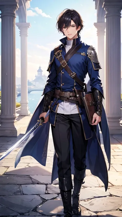 (Best Quality、High resolution、Image clarity:1.2)、 (male:1.2)、solo、maleフォーカス、Ultra-detailed backgrounds、Beautiful man standing with a sword、Traveler&#39;s Clothes、boots、ハンサムなmale、Powerful、(Strong eyes) 、Black Hair、 Hair Detail、Part your hair,Wide-open eyes、...