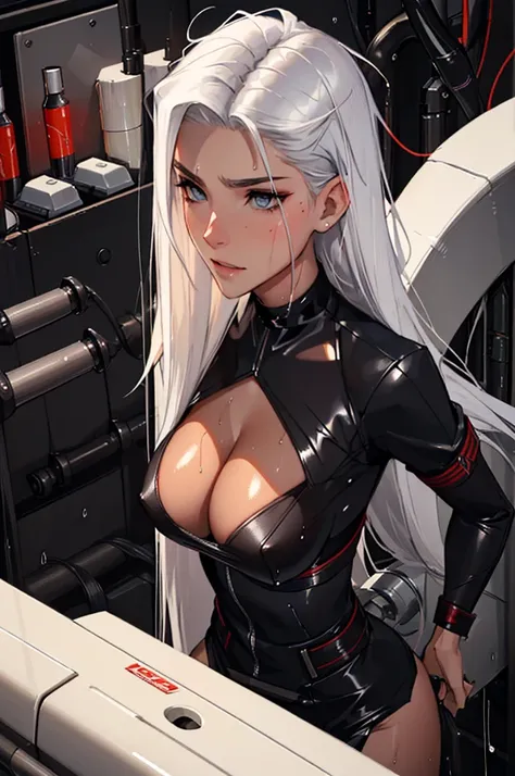 （lifelike， high - resolution：1.3）， 1 girl with a perfect body，slender body, Super fine face and eyes，assasin, dark makeup, shiny skin，white hair, (girl caught in a sex machine)，Expose cleavage, (sex machine, restrained, bound, bdsm, object insertion, smach...