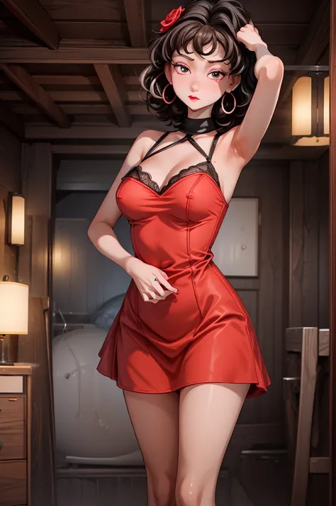 (8K HDR photorealistic pic), Betty Boop, short, althetic, curvy lady, ((tight little red dress)), dark eyebrows, black lipstick, (hoop earrings), dark eyeshadow, black lipstick, curvy, busty, (curly short black hair), shortstack, (retroussé breasts), darli...