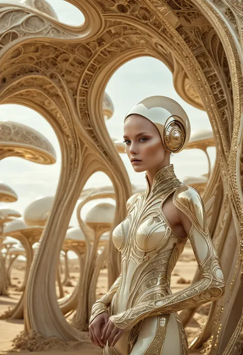 cinematic photo imagine, dream of, alien-themed Luxury Fashion glimmering transformation, Alabaster and Beige fractal art, National Geographic, biomorphic forms, Really long "The Fields of Fortitude", geometric patterns, Luxury Fashion, often for designer ...