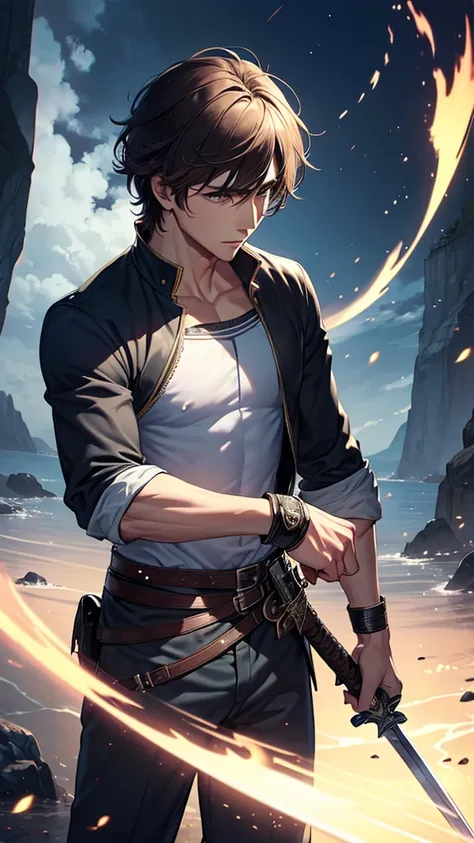 (Best Quality、High resolution、Image clarity:1.2)、 (male:1.2)、solo、maleフォーカス、Ultra-detailed backgrounds、Beautiful man standing with a sword、Traveler&#39;s Clothes、boots、ハンサムなmale、Powerful、(Strong eyes) 、Black Hair、 Hair Detail、Part your hair,Wide-open eyes、...