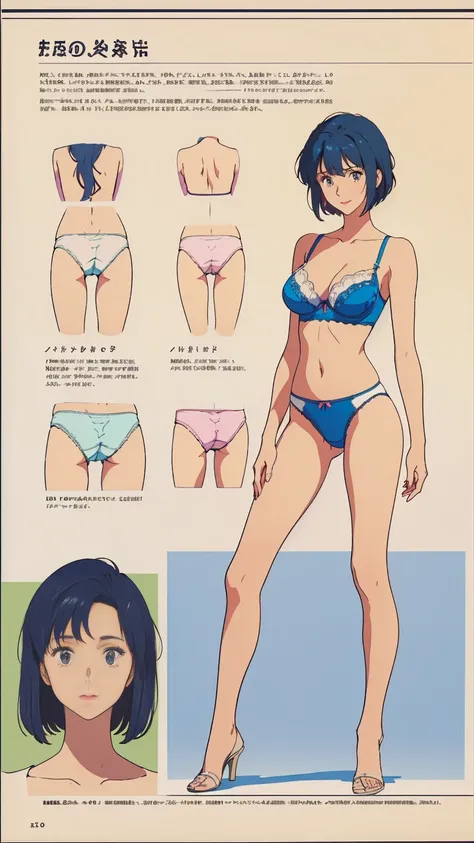 ((masterpiece)), (((Highest quality))), ((Reference Sheet, Character Design)), Highest quality, masterpiece, Ultra-high resolution, Original photo, Ultra-high resolution, Three beautiful women, Blue hair, bob cut, Big smile, Wearing a white and pink lace b...