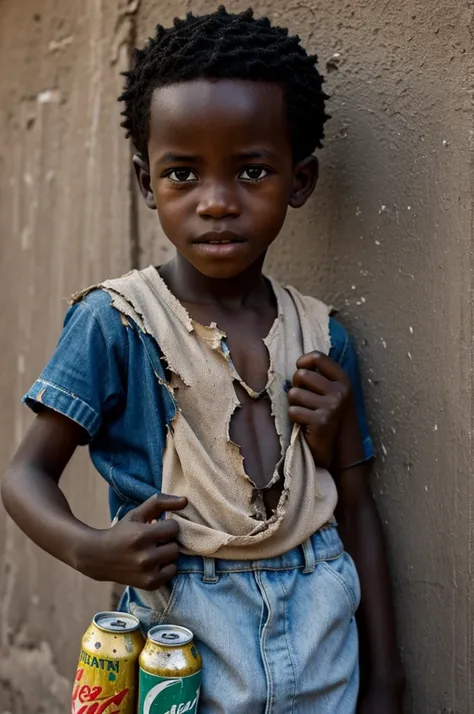 Poor African boy with torn clothes makes a Jesus out of cans 