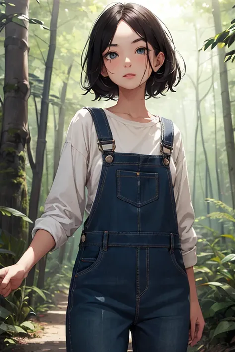 A girl with an oval face, slanted eye, black hair, light eyes, normal eyebrows, small nose, normal body and wearing full-length overalls in a forest 