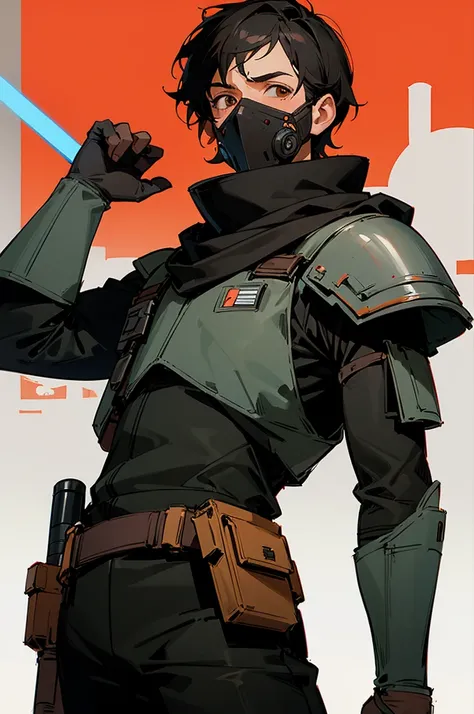 adult Male star wars bounty hunter, Short black hair, light black armored clothes, brown eyes, black scarf covering mouth and nose, 40 years old, 2 holdered blasters on the hip, middle aged