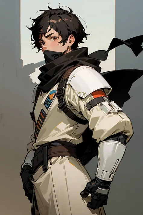 adult Male star wars bounty hunter, Short black hair, light black armored clothes, brown eyes, black scarf covering mouth and nose, 40 years old, 2 holdered blasters on the hip, middle aged