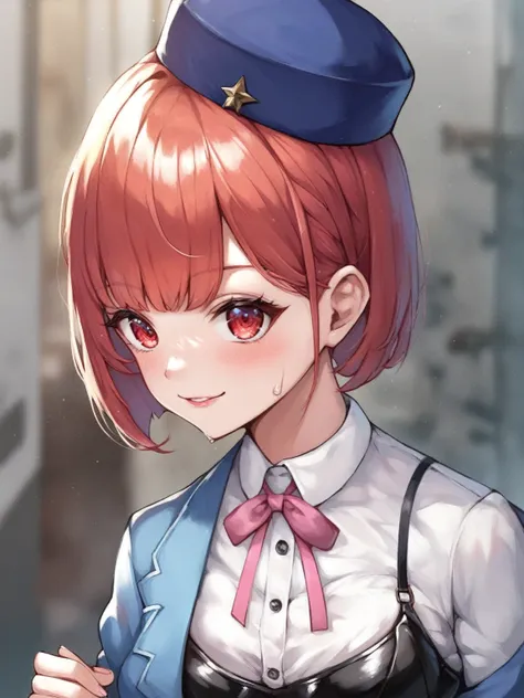 One girl, soul, Redhead, short hair, Red eyes, Bobcut, break hat, , White shirt, Blue jacket, Pink ribbon, Black Corset, White Skirt, BREAK
score_9, score_8_superior, score_7_superior, score_6_superior, score_5_superior, score_4_superior, anime, No correct...