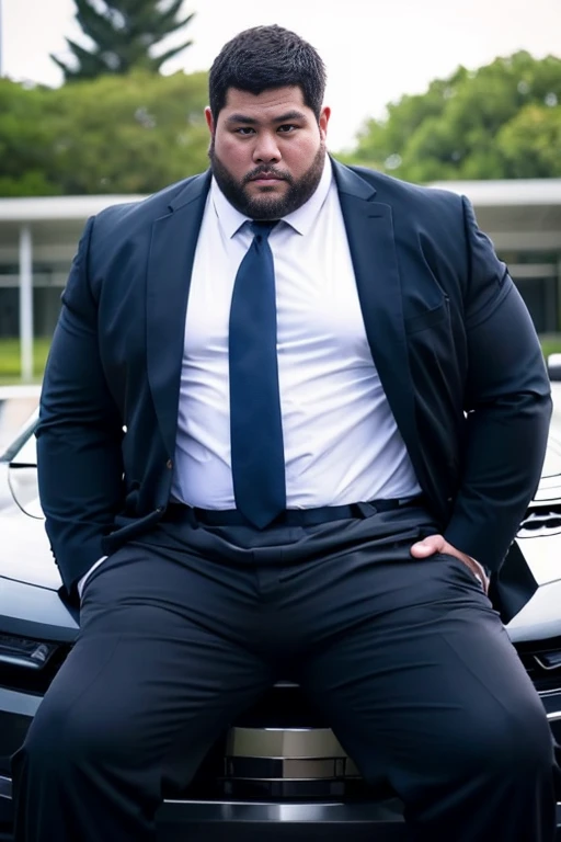 Realistic uncut penis，Completely naked，big, Fat Japanese man in a suit、whole body、office、Thick legs、Thick arm muscles、Intimidating、short hair、Kind Face、Long sleeve black jacket、Black trousers、Tight arm circumference、Long trousers、Tight suspension、Blue tie、...