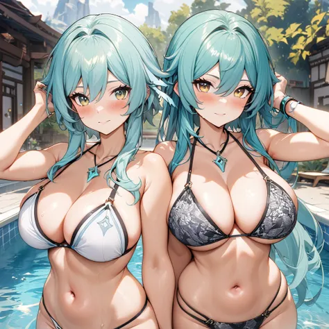 (masterpiece), (highest quality), (illustration), (super detailed), (high resolution), absurdity, BREAK 2girls hatsune miku,(lumine,genshin impact),poolside,looking at viewer,patterned string bikini,navel,happy,blush,curvy,big breasts,triangle pendant,hand...