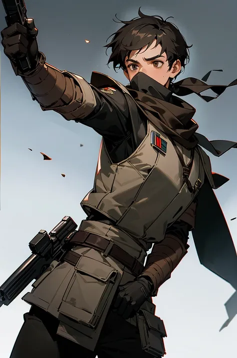 adult male star wars bounty hunter, Short black hair, light black and brown armored clothes, brown eyes, black scarf covering mouth and nose, 40 years old, 2 holdered blasters on the hip, middle aged