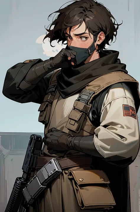 adult male star wars bounty hunter, Short black hair, light black and brown armored clothes, brown eyes, black scarf covering mouth and nose, 40 years old, 2 holdered blasters on the hip, middle aged