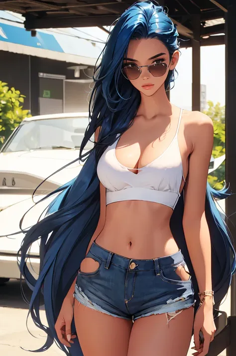 (best quality: 1.2), clean face, (masterpiece: 1.2, 8k) perfect anatomy, 1girl,a beautiful fashion model ,(masterpiece, official art, best quality ,long and shiny hair, blue hair with streaks in hair, long hair, full lips, slender body, slim body big breas...