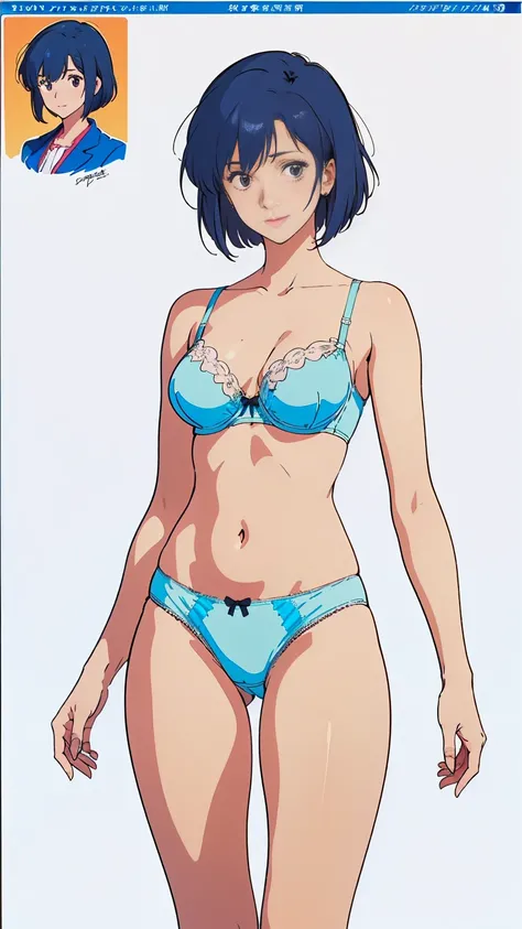 ((masterpiece)), (((Highest quality))), ((Reference Sheet, Character Design)), Highest quality, masterpiece, Ultra-high resolution, Original photo, Ultra-high resolution, Three beautiful women, Blue hair, bob cut, seductive smile, Wearing a white and pink ...