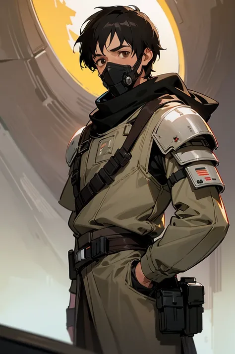 adult male star wars bounty hunter, Short black hair, light black and brown armored clothes, brown eyes, black scarf covering mouth and nose, 40 years old, 2 holdered blasters on the hip, middle aged, sitting in a spaceship