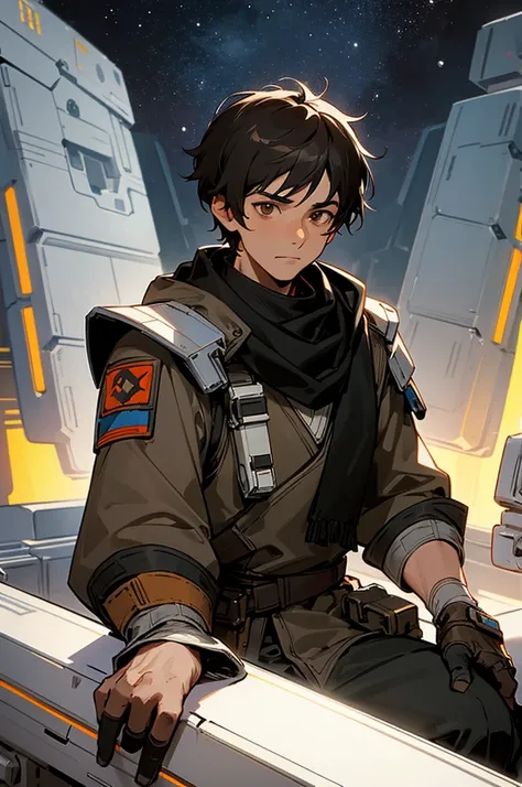 adult male star wars bounty hunter, Short black hair, light black and brown armored clothes, brown eyes, black scarf covering mouth and nose, 40 years old, 2 holdered blasters on the hip, middle aged, sitting in a spaceship