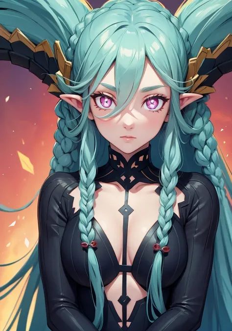 tiamat, tiamat, absurdly long hair, aqua hair, braid, curled horns, gradient hair, horns, long horns, multicolored hair, pink eyes, pointy ears, symbol-shaped pupils, twin braids, (x-shaped pupils:1.5),
BREAK ,
BREAK looking at viewer,
BREAK outdoors,
BREA...