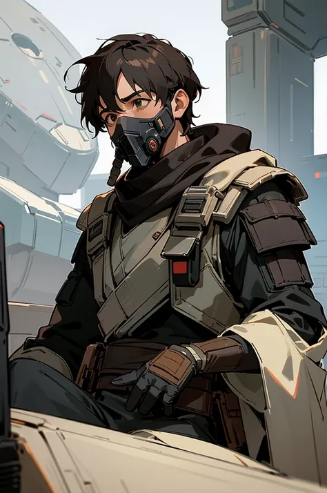 adult male star wars bounty hunter, Short black hair, light black and brown armored clothes, brown eyes, black scarf covering mouth and nose, 40 years old, 2 holdered blasters on the hip, middle aged, sitting in a spaceship