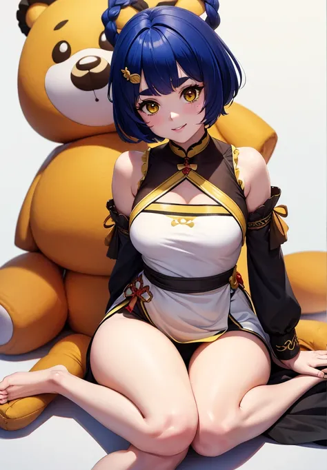 Masterpiece, Best Quality, 1 girl, looking at the viewer, sitting, White background, Xiangling (Genshin Impact), blue hair, short hair, plush toy, sideways, barefoot, hair ornament, breasts, Stuffed animal, alone, parted lips, fringe, bare shoulders, yello...