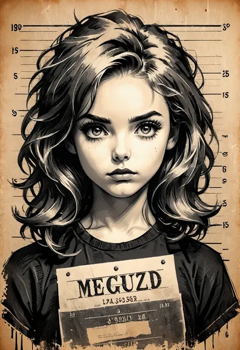 a girl in a mugshot, sketch, black and white, detailed features, cute, vintage style, high contrast lighting, expressive eyes, t...