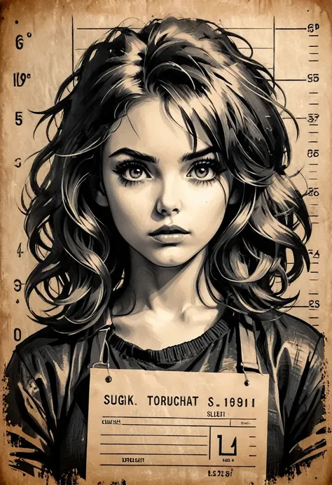 a girl in a mugshot, sketch, black and white, detailed features, cute, vintage style, high contrast lighting, expressive eyes, t...