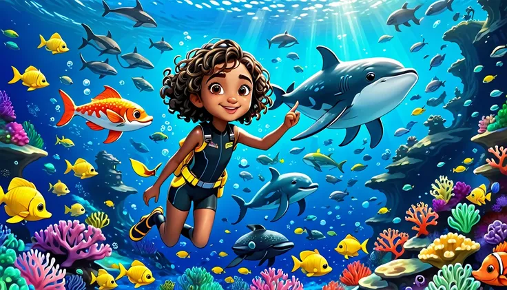 A vibrant underwater scene in 3-D Pixar style featuring Arya, a cute little Black girl with curly hair, wearing a colorful diving suit and goggles. Shes surrounded by various ocean creatures including a massive whale, which is about the size of three schoo...