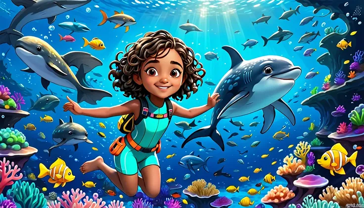 A vibrant underwater scene in 3-D Pixar style featuring Arya, a cute little Black girl with curly hair, wearing a colorful diving suit and goggles. Shes surrounded by various ocean creatures including a massive whale, which is about the size of three schoo...