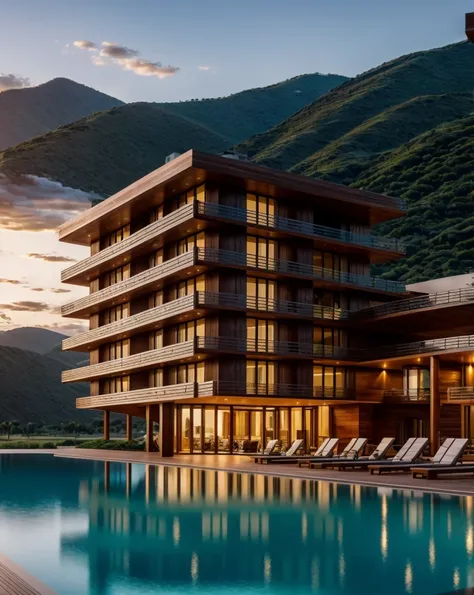 Zaha Hadid style hotel tower with wood and metal texture, hotel with infinity pool, rural landscape at dusk in high quality, 8k UHD