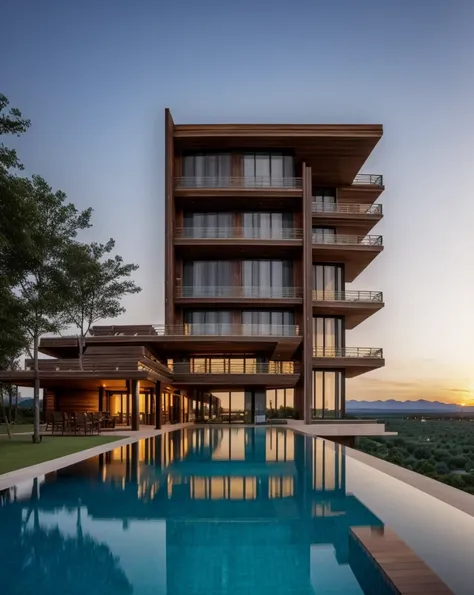 Zaha Hadid style hotel tower with wood and metal texture, hotel with infinity pool, rural landscape at dusk in high quality, 8k UHD