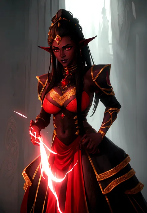 Dark elf in a majestic dress, standing in the center back on the battlefield, dark gray skin, Gray-skinned, elf ears, she has ruby red eyes and gray skin, black hair, Psychotic smile, 35 years, summon fire magic, Magic red light, huge flame, extremely deta...