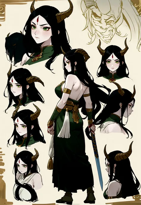 model sheet character, view front, side, back, Female warrior character, with long black hair, green eyes, pale skin, with huge, curved horns like those of a ram, coming out of the temples and curling backwards, wielding a dagger with mastery