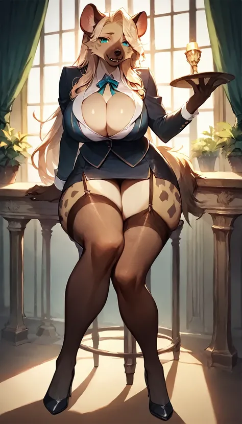 score_9, score_8_up, score_7_up, score_6_up, score_5_up, score_4_up, (solo), female anthro hyena, secretary clothes, skirt, high heels, lusty, fluffy body, long blond hair, turquoise eyes, (thick thighs:1.5)((( offering the breasts))) sex partial clothes, ...