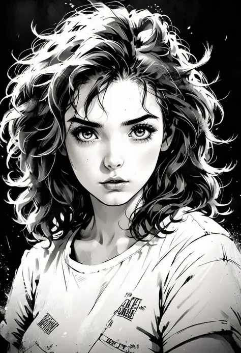 a girl in a situation, sketch, black and white, detailed features, cute, vintage style, high contrast lighting, expressive eyes,...