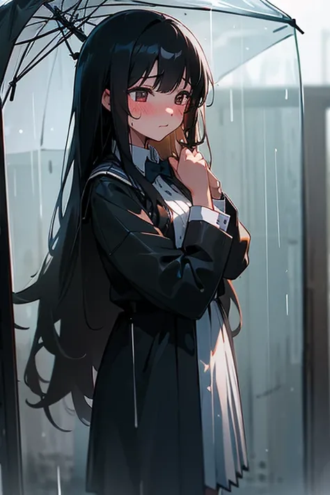 One girl, Long black hair, Uniform, shy, blush, Wet, rain, transparent, (masterpiece, Highest quality), Soft Light, Structure of the film, Cinematic Light