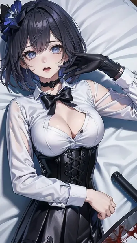 ((blood droplets)), ((blood)), ((blood splatter)), ((blood on clothes)), ((blood stain)), Masterpiece, Beautiful art, professional artist, 8k, Very detailed face, Detailed clothing, detailed fabric, 1 girl, Soul Fullness (Honkai Impact 3rd), View from abov...