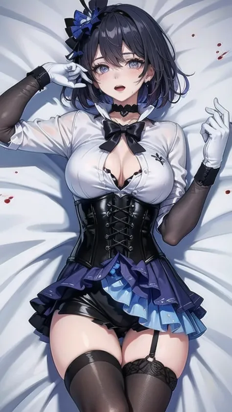 ((blood droplets)), ((blood)), ((blood splatter)), ((blood on clothes)), ((blood stain)), Masterpiece, Beautiful art, professional artist, 8k, Very detailed face, Detailed clothing, detailed fabric, 1 girl, Soul Fullness (Honkai Impact 3rd), View from abov...