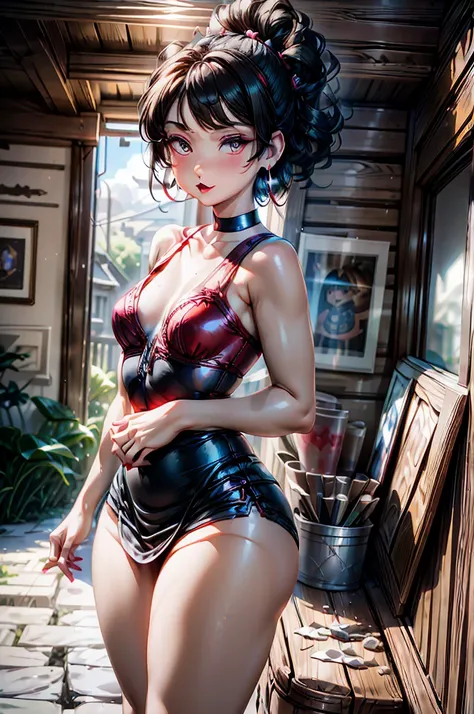 (8K HDR photorealistic pic), Betty Boop, short, althetic form, curvy lady, ((tight little red dress:1.2)), dark eyebrows, ((blush, black lipstick, hoop earrings)), dark eyeshadow, curvy silhouette, busty buxom body, (curly short black hair), shortstack, (r...