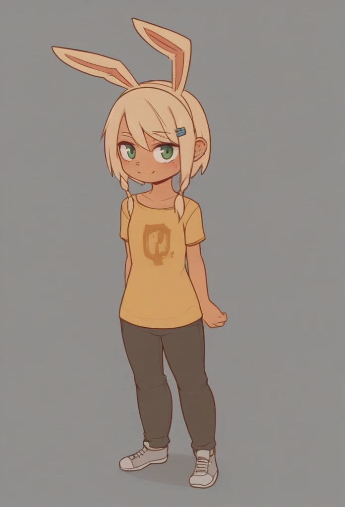 ((score_9_up,score_8_up,cute,source_furry,solo,Bunny, tan fur, tan body, white shirt, saggy pants, female, brown hair, short hair, long braids, green eyes, big eyes, smile, arms behind back, cute, round face, round eyes,front view, red sneakers, long bunny...