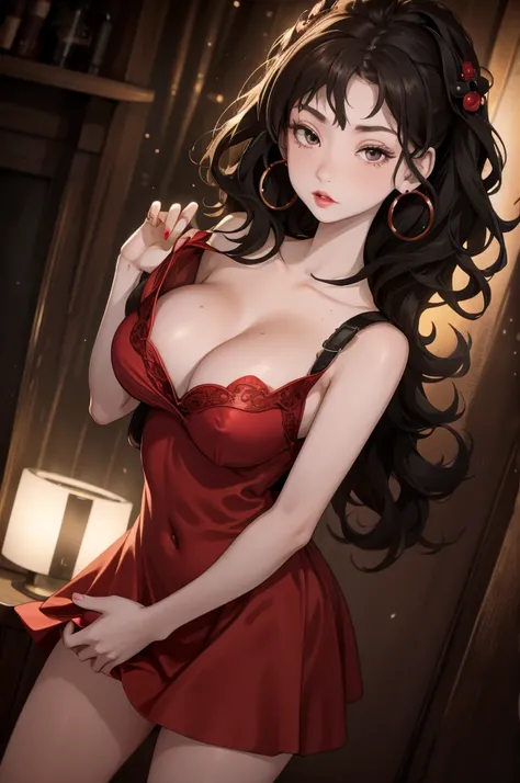 (8K HDR photorealistic pic), Betty Boop, short, althetic, curvy lady, ((tight little red dress)), dark eyebrows, black lipstick, (hoop earrings), dark eyeshadow, black lipstick, curvy, busty, (curly short black hair), shortstack, (retroussé breasts), darli...