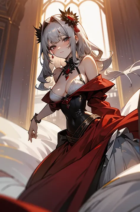 Beautiful girl, Long wavy gray hair, beautiful big gray eyes, revealing clothes, open bodice, Very deep neckline, open shoulders, fluffy skirt, , open chest, Rich decorations, very depraved, black and red palace dress, light background, Bright Picture, Sun...