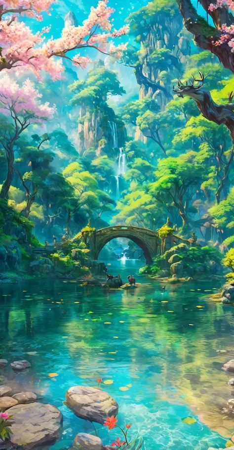 Chinese ancient times, spring, jungle, lake, cave, waterfall, tree, meadow, rock, deer, hot spring, water vapor, (illustration: 1.0), epic composition, realistic lighting, HD details, masterpiece, best quality, (very detailed CG unified 8k wallpaper), digi...