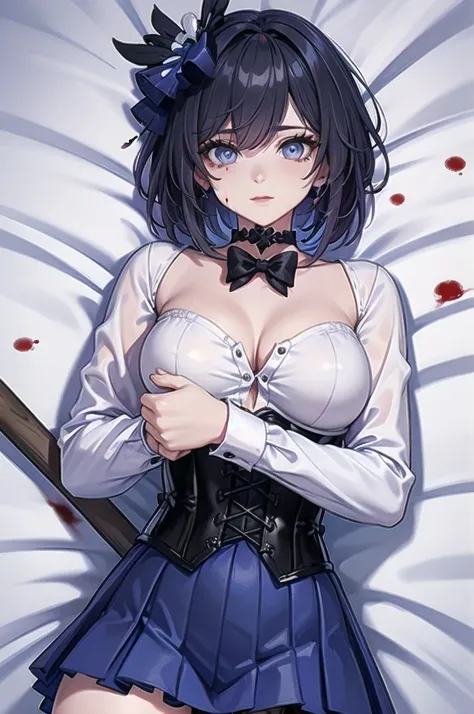 ((blood droplets)), ((blood)), ((blood splatter)), ((blood on clothes)), ((blood stain)), Masterpiece, Beautiful art, professional artist, 8k, Very detailed face, Detailed clothing, detailed fabric, 1 girl, Soul Fullness (Honkai Impact 3rd), View from abov...