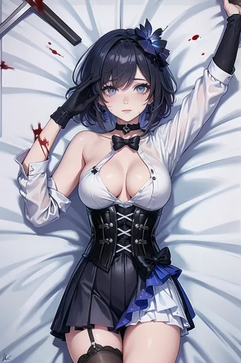 ((blood droplets)), ((blood)), ((blood splatter)), ((blood on clothes)), ((blood stain)), Masterpiece, Beautiful art, professional artist, 8k, Very detailed face, Detailed clothing, detailed fabric, 1 girl, Soul Fullness (Honkai Impact 3rd), View from abov...