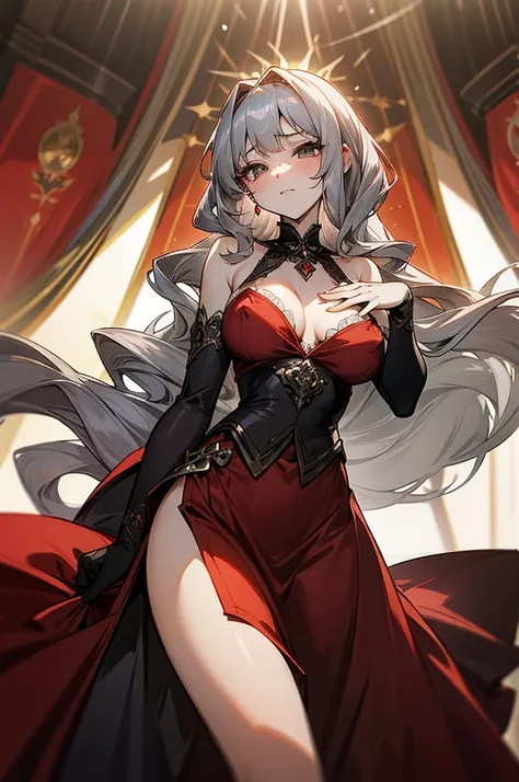 Beautiful girl, Long wavy gray hair, beautiful big gray eyes, revealing clothes, open bodice, Very deep neckline, open shoulders, fluffy skirt, , open chest, Rich decorations, very depraved, black and red palace dress, light background, Bright Picture, Sun...